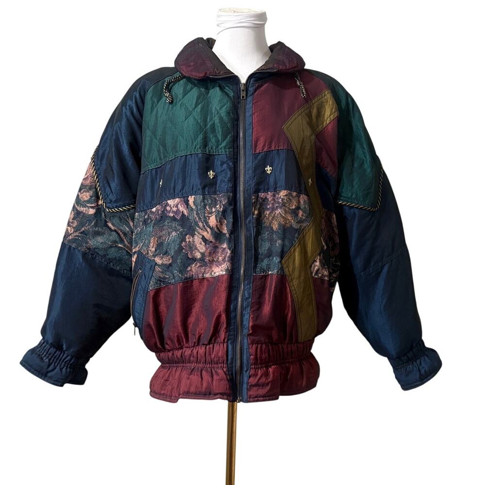Vintage Colorblock Floral Tapestry Ski Bomber Jacket Women Large Retro Metallic